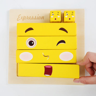 Puzle de aprendizaje de expresiones de emociones faciales estilo emoji para niños en tablero de madera