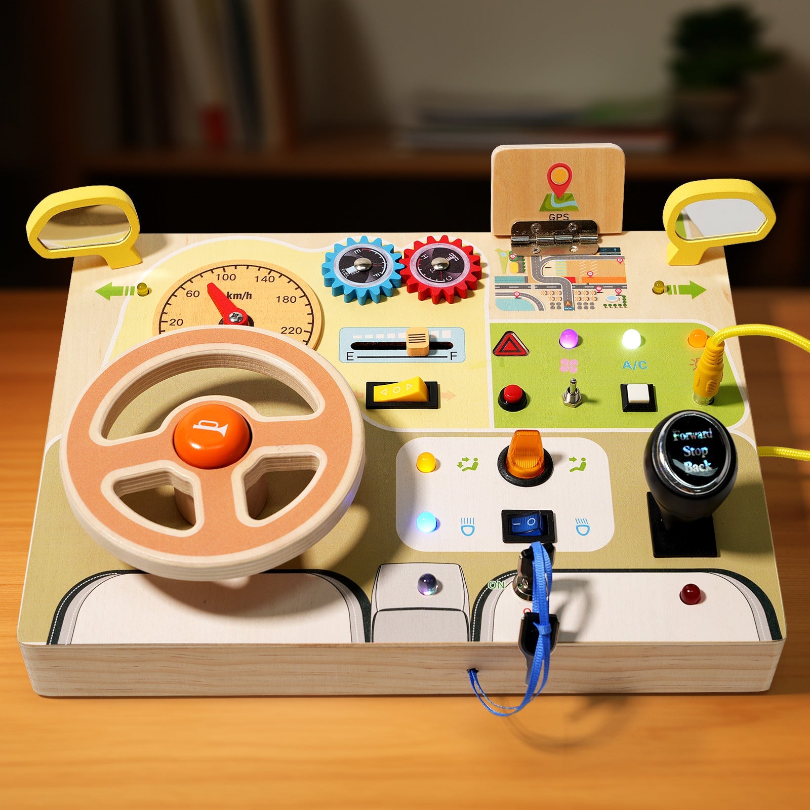 Tablero de actividades de lujo para niños, tema de conducción con luces LED, botones y diales
