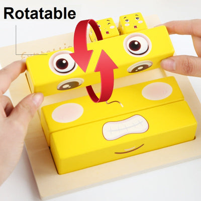 Puzle de aprendizaje de expresiones de emociones faciales estilo emoji para niños en tablero de madera