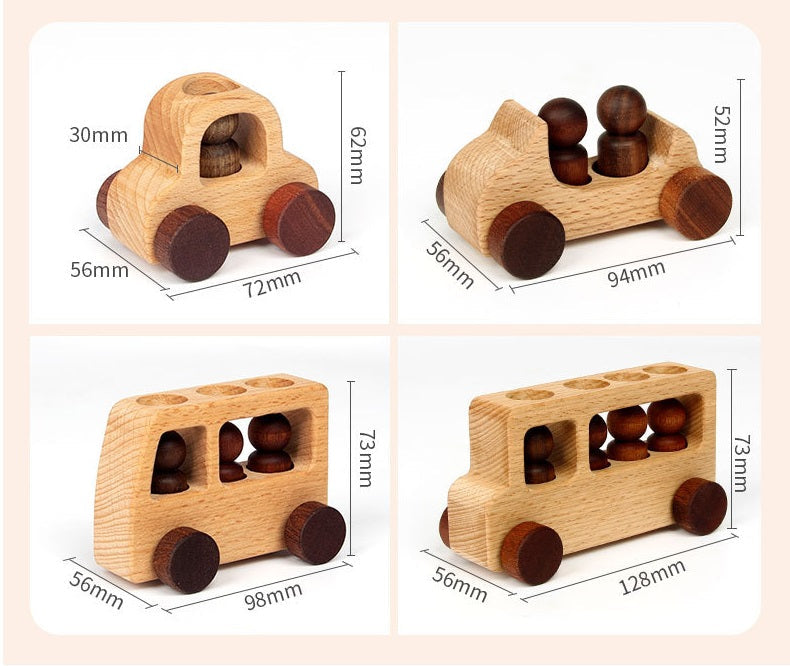 Coches de juguete de madera y muñecos de clavija, juego natural de 4
