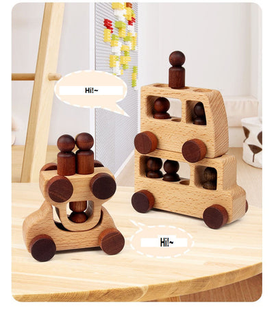Coches de juguete de madera y muñecos de clavija, juego natural de 4