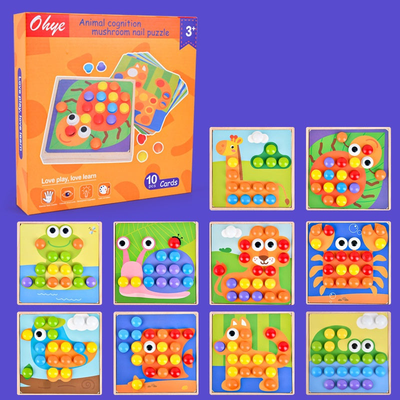 Caja de actividades de madera con mosaicos, clavijas y clip para tablero