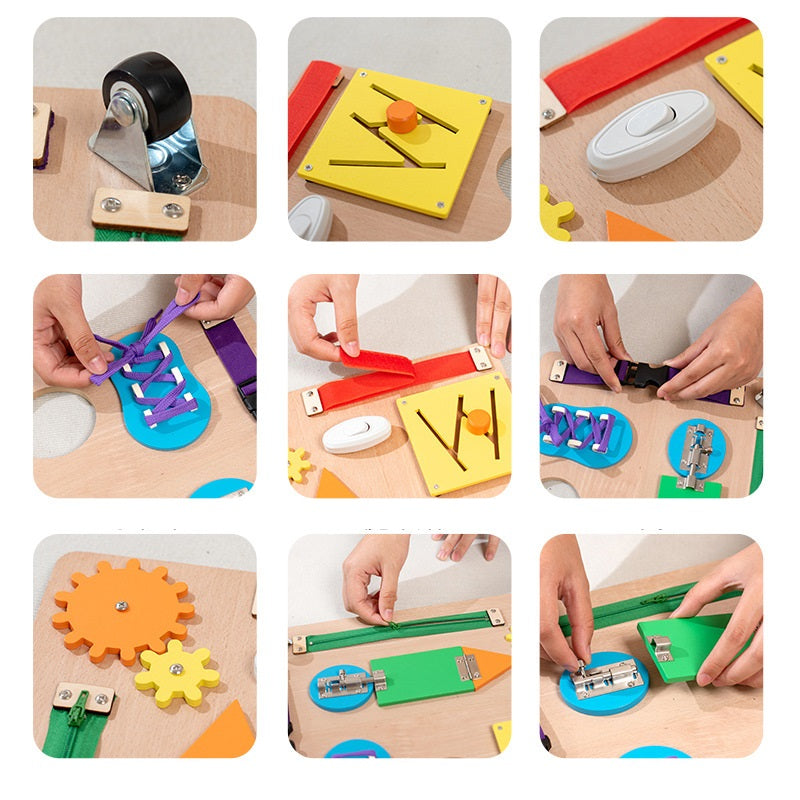 Tabla de actividades Montessori de madera: cremallera, cordones de zapatos, puertas con trazado del abecedario, juguete de tablero de actividades en colores pastel.