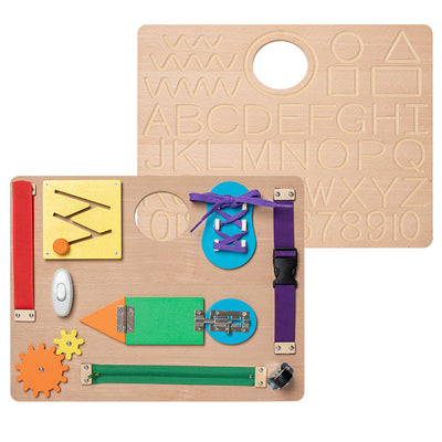 Tabla de actividades Montessori de madera: cremallera, cordones de zapatos, puertas con trazado del abecedario, juguete de tablero de actividades en colores pastel.