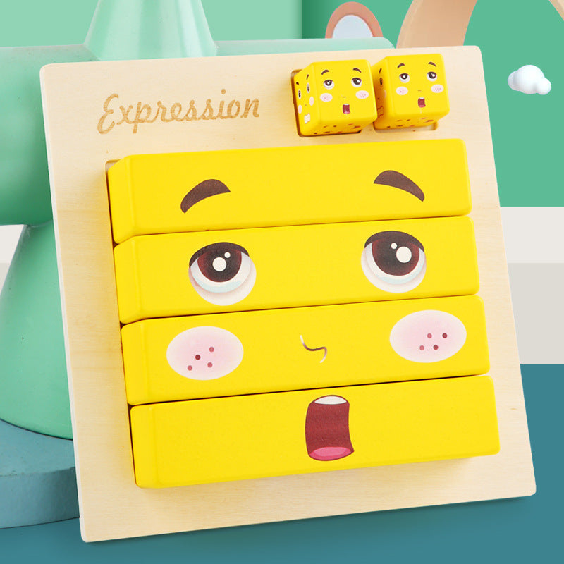 Puzle de aprendizaje de expresiones de emociones faciales estilo emoji para niños en tablero de madera