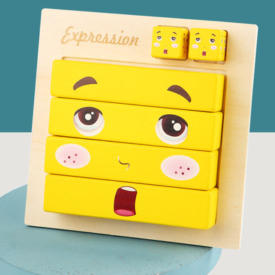 Puzle de aprendizaje de expresiones de emociones faciales estilo emoji para niños en tablero de madera