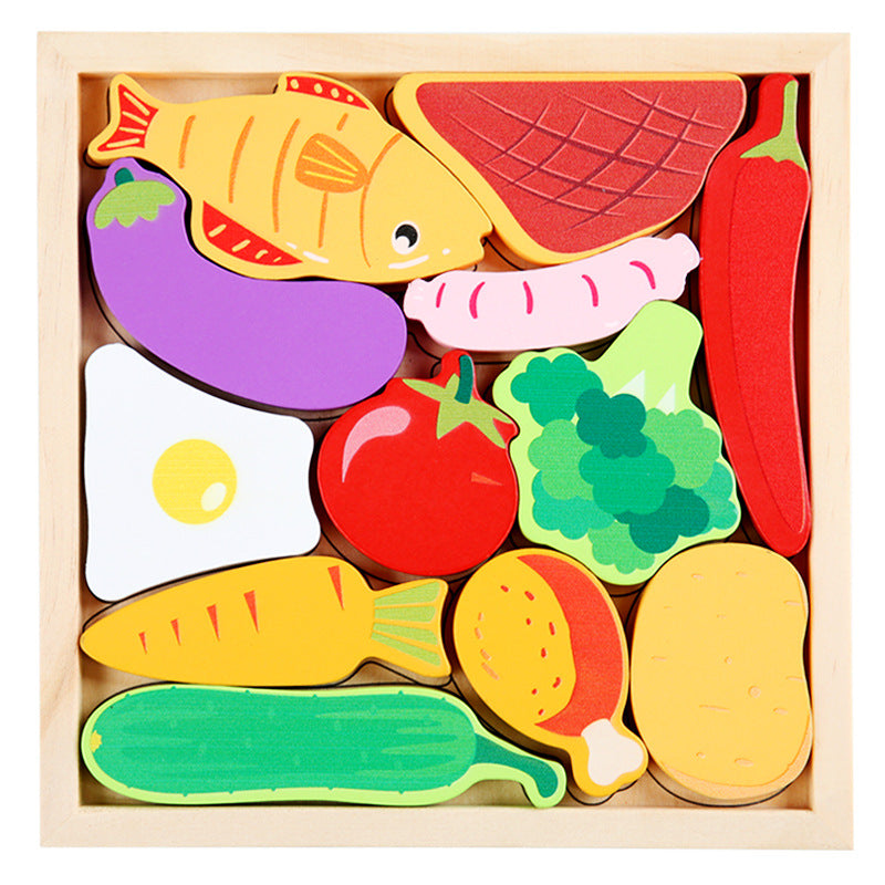 Bloques de rompecabezas de verduras de madera para niños con bandeja