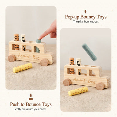 Wooden Pop Up Peg Push Rolling LIttle Car Bus Toy