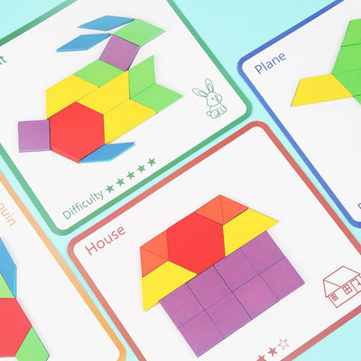 155 pc Wooden Pattern Blocks Geometric Shapes Puzzle With Large Flash Cards