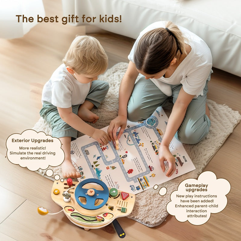 Car Busy Board  Children's Wooden Toys Simulation Steering Wheel