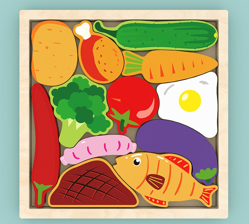 Bloques de rompecabezas de madera de alimentos y vegetales para niños con bandeja
