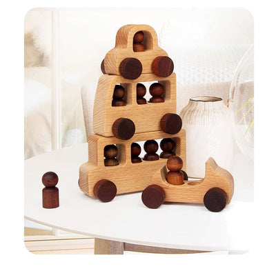 Coches de juguete de madera y muñecos de clavija, juego natural de 4