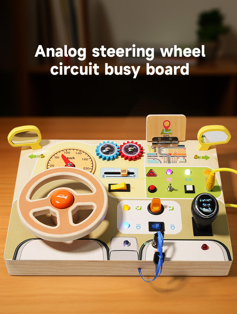 Tablero de actividades de lujo para niños, tema de conducción con luces LED, botones y diales