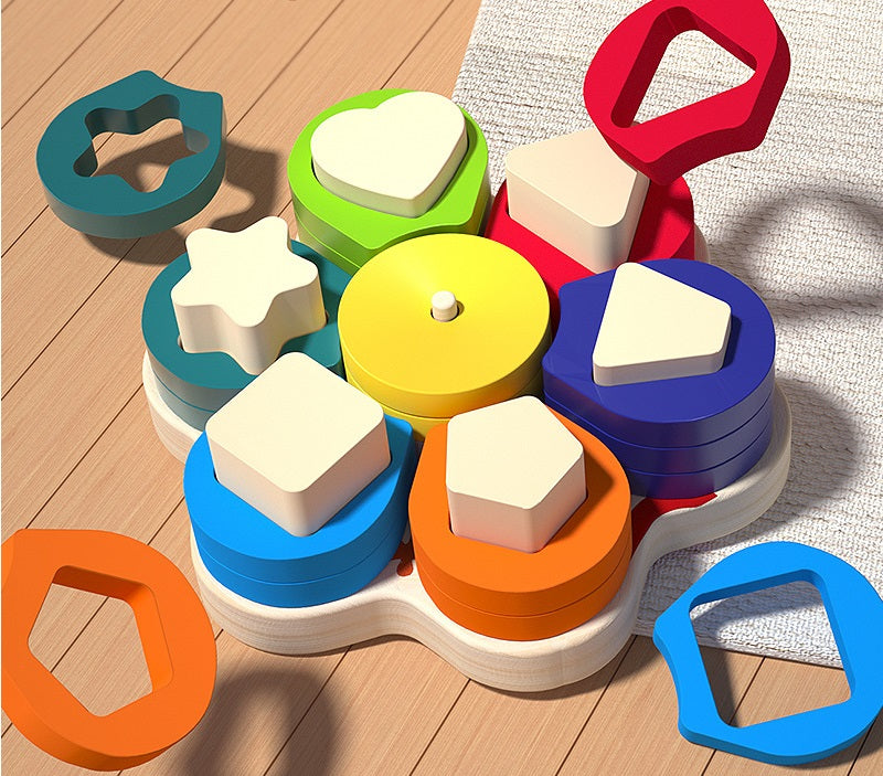 Juguete Apilable de Clasificación de Formas y Colores de Flores de Madera para Niños Pequeños