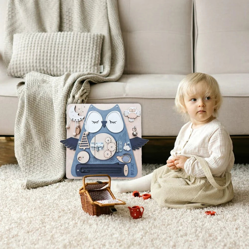 Fidtoy Montessori Busy Board – Jouet sensoriel en bois Chouette pour tout-petits