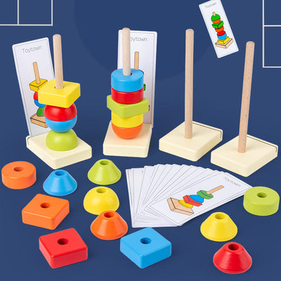 Jumbo Beads Sequencing Four Pillar Shape Stacker With  Flash Cards