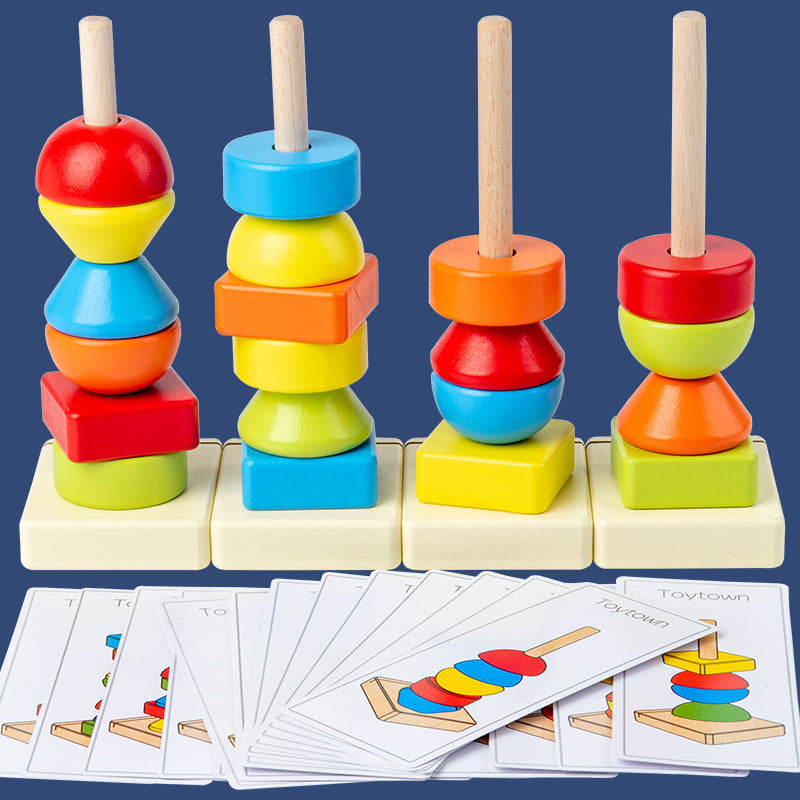 Jumbo Beads Sequencing Four Pillar Shape Stacker With  Flash Cards