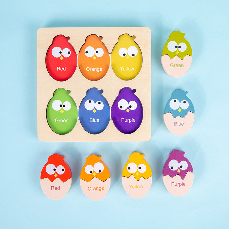 Rompecabezas de clasificación de colores de huevos de pájaro de madera con bandeja, lindo juguete de búho