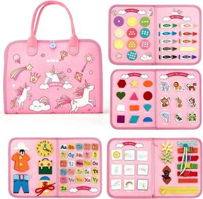 Fidtoy Montessori Busy Board for Toddlers – 8-in-1 Preschool Activity Board, Travel Learning Toy, Fine Motor Skills Busy Book