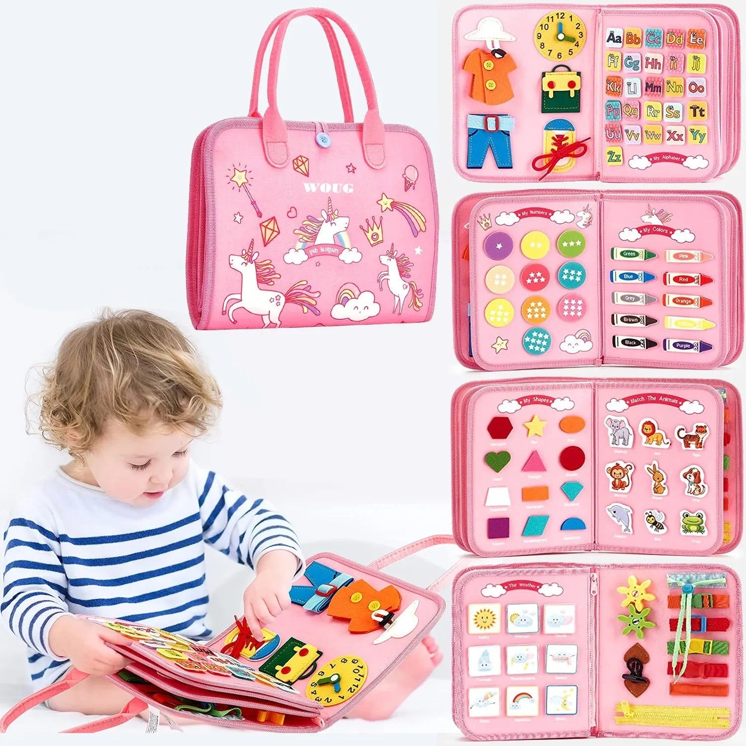 Fidtoy Montessori Busy Board for Toddlers – 8-in-1 Preschool Activity Board, Travel Learning Toy, Fine Motor Skills Busy Book