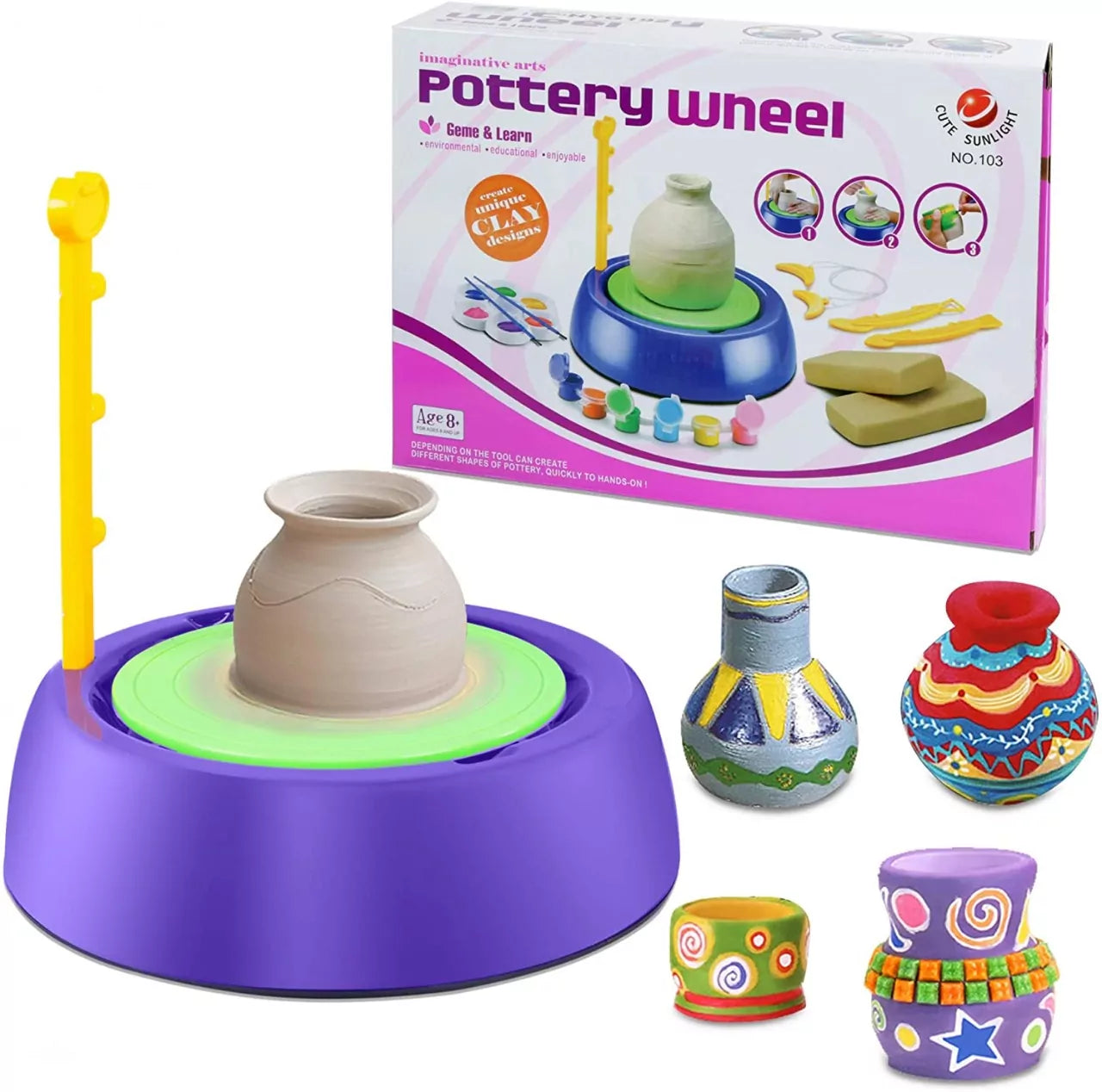 Fidtoy Electric Pottery Wheel Kit for Kids with Clay and Paints Ceramic Machine Craft Art Toy Set