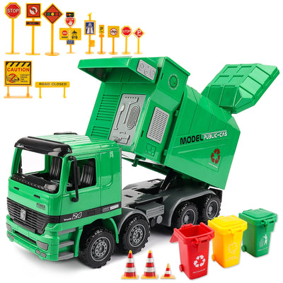 Vehículo de construcción de ingeniería, camión de basura con fricción a escala 1:10, tres cubos de basura, sensor automático inercial – Regalo educativo para niños