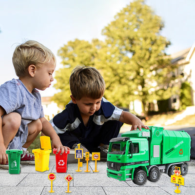 Vehículo de construcción de ingeniería, camión de basura con fricción a escala 1:10, tres cubos de basura, sensor automático inercial – Regalo educativo para niños