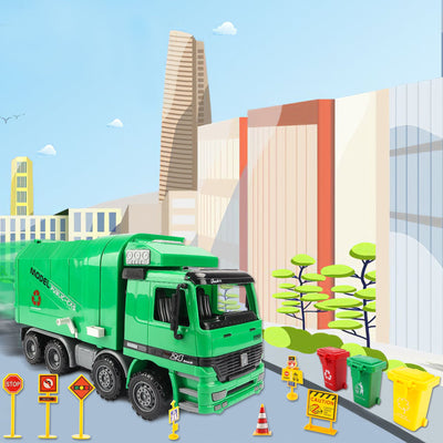 Vehículo de construcción de ingeniería, camión de basura con fricción a escala 1:10, tres cubos de basura, sensor automático inercial – Regalo educativo para niños