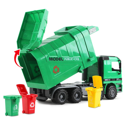 Vehículo de construcción de ingeniería, camión de basura con fricción a escala 1:10, tres cubos de basura, sensor automático inercial – Regalo educativo para niños