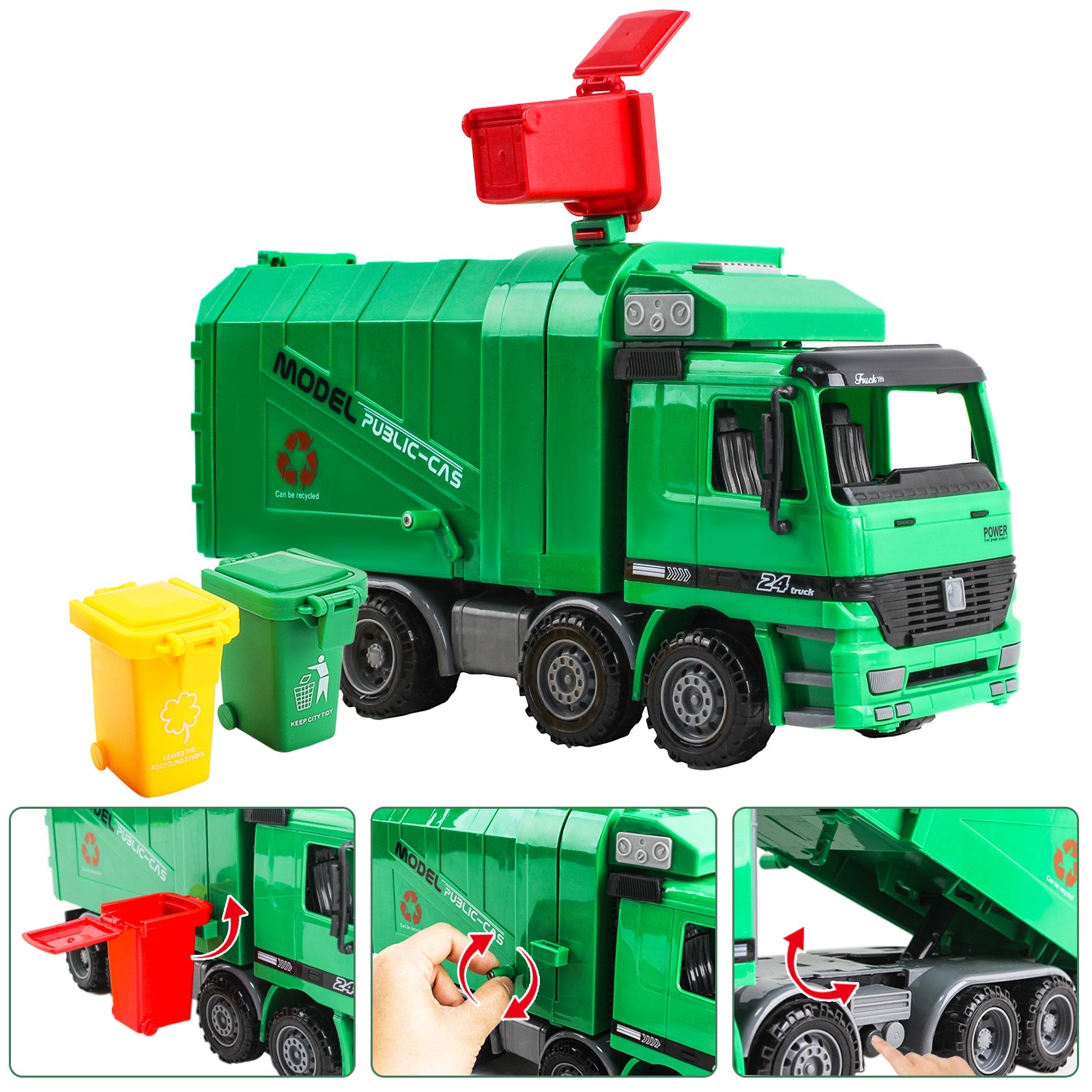 Vehículo de construcción de ingeniería, camión de basura con fricción a escala 1:10, tres cubos de basura, sensor automático inercial – Regalo educativo para niños