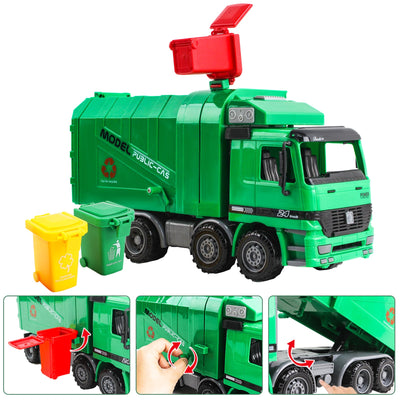 Vehículo de construcción de ingeniería, camión de basura con fricción a escala 1:10, tres cubos de basura, sensor automático inercial – Regalo educativo para niños