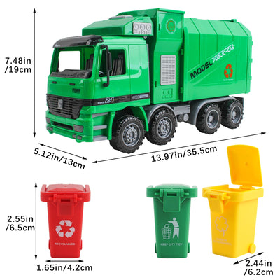 Vehículo de construcción de ingeniería, camión de basura con fricción a escala 1:10, tres cubos de basura, sensor automático inercial – Regalo educativo para niños