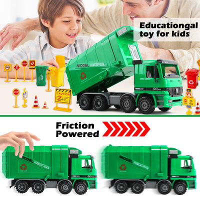 Vehículo de construcción de ingeniería, camión de basura con fricción a escala 1:10, tres cubos de basura, sensor automático inercial – Regalo educativo para niños