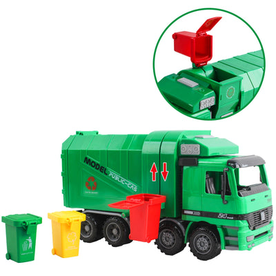 Vehículo de construcción de ingeniería, camión de basura con fricción a escala 1:10, tres cubos de basura, sensor automático inercial – Regalo educativo para niños