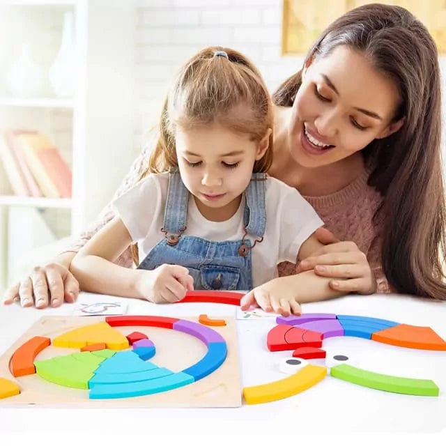 Fidtoy Rainbow Colorful Pattern Puzzle Board with Cards Wooden Montessori Blocks Set for Toddlers Shape Color Matching Toy
