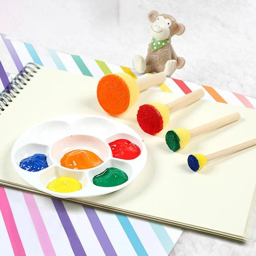 Fidtoy 16-Piece Round Sponge Brush Set for Kids Ages 3+, Wooden Handle Sponge Painting Stampers with 4 Sizes, Yellow Art Brushes for School, Home Painting, Art Studio and Outdoor Doodle Activities