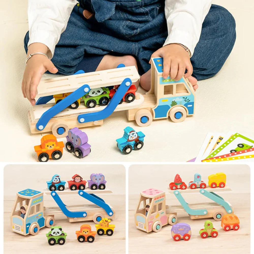 Fidtoy Wooden Tow Truck Toy for Toddlers Montessori Learning Toy with Animal Blocks for Fine Motor Skills and Creativity
