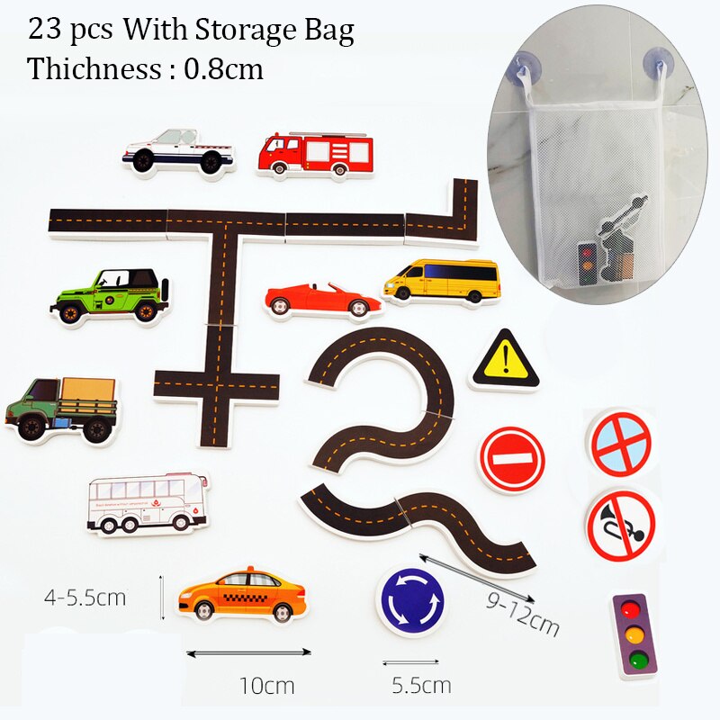 Fidtoy Juguetes de baño para el tráfico – Juguetes de baño de carretera de espuma para niños pequeños Set de juego para pegar en la pared