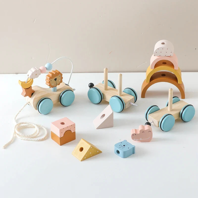 Fidtoy Pull Along Wooden Toy for Toddlers Educational Car 1+