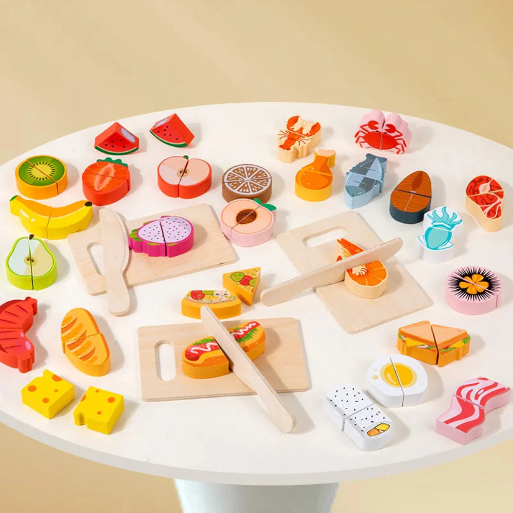 Fidtoy Juego de Comida de Madera para Cortar para Niños | Juego de Imitación Montessori y Habilidades Motrices Finas