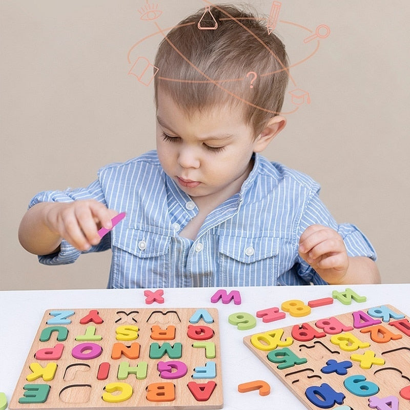Rompecabezas de madera 3D Montessori para niños con formas de alfabeto y números