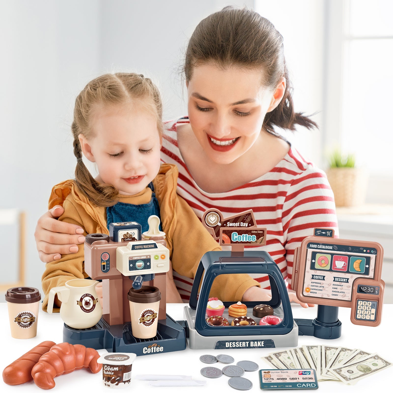 Cuisine d'imitation Jeu de café de magasin pour tout-petits, set de jeu machine à café et dessert, jouet de caisse enregistreuse pour enfants de 3 ans et plus