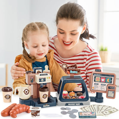 Cuisine d'imitation Jeu de café de magasin pour tout-petits, set de jeu machine à café et dessert, jouet de caisse enregistreuse pour enfants de 3 ans et plus