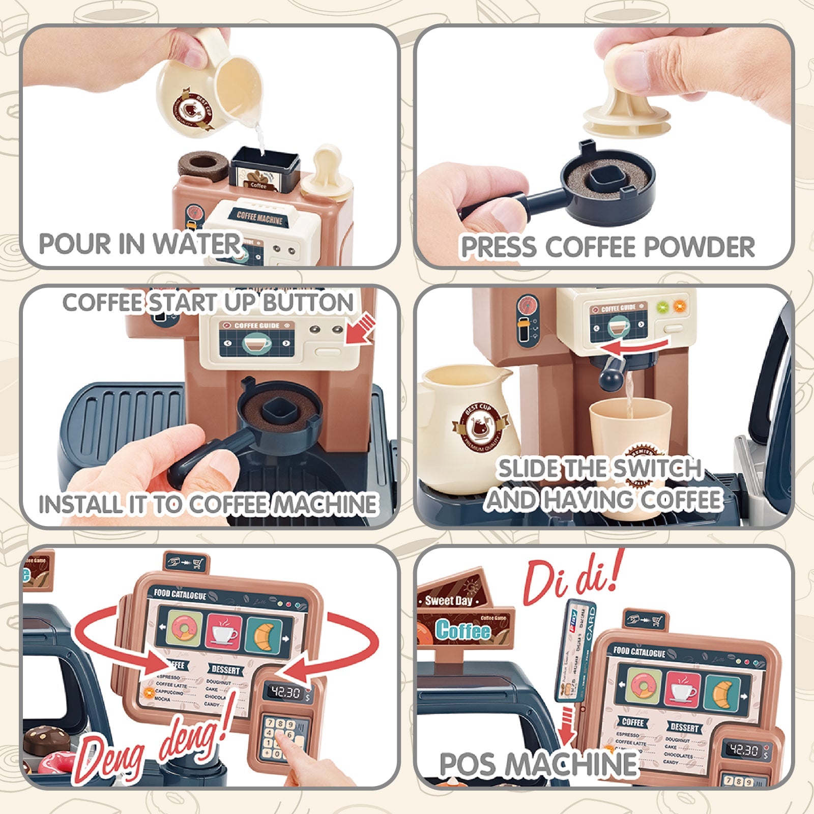 Cuisine d'imitation Jeu de café de magasin pour tout-petits, set de jeu machine à café et dessert, jouet de caisse enregistreuse pour enfants de 3 ans et plus