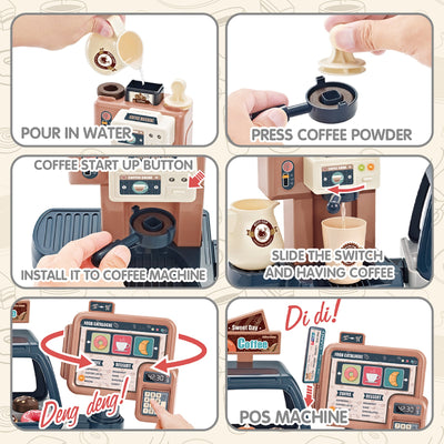 Cuisine d'imitation Jeu de café de magasin pour tout-petits, set de jeu machine à café et dessert, jouet de caisse enregistreuse pour enfants de 3 ans et plus