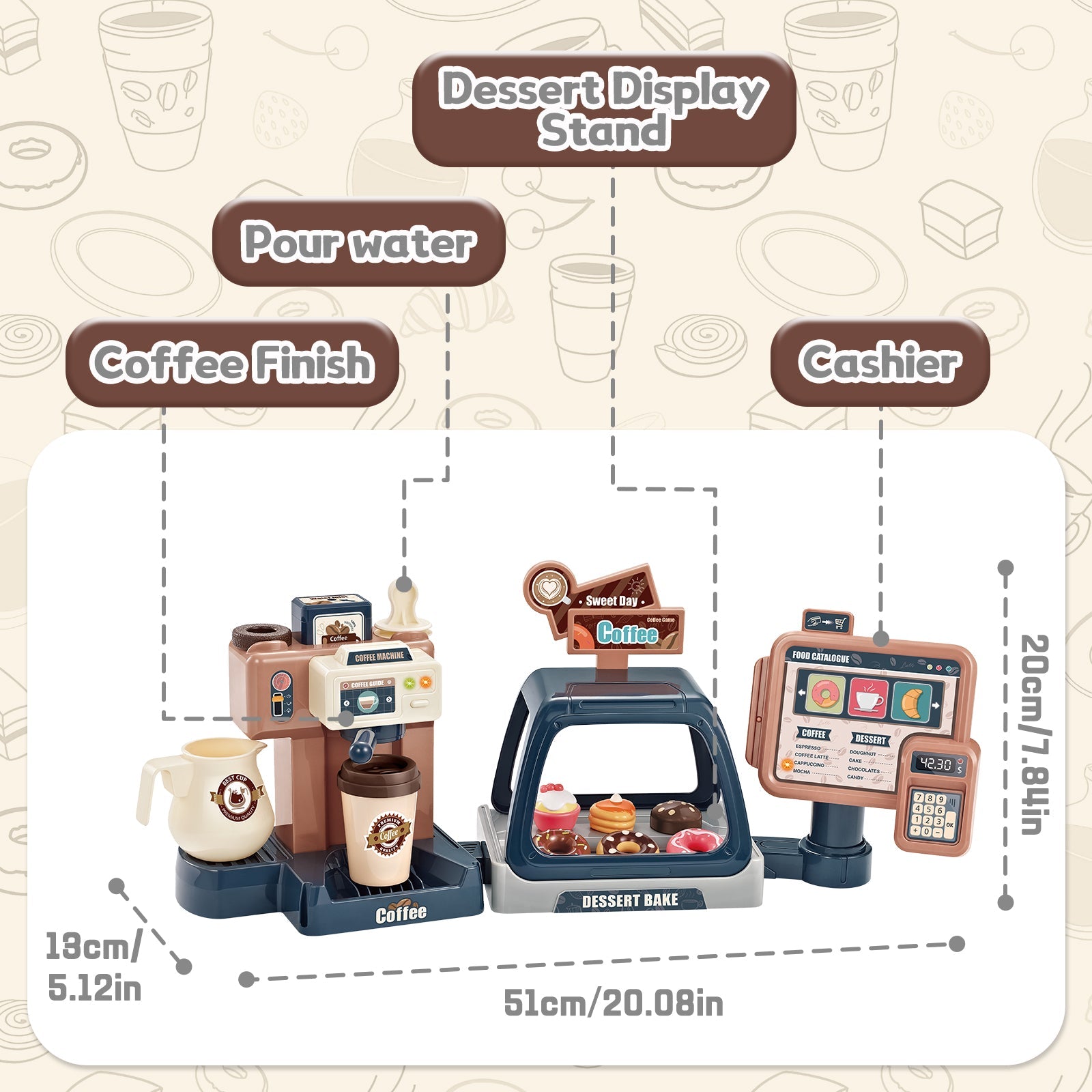 Cuisine d'imitation Jeu de café de magasin pour tout-petits, set de jeu machine à café et dessert, jouet de caisse enregistreuse pour enfants de 3 ans et plus