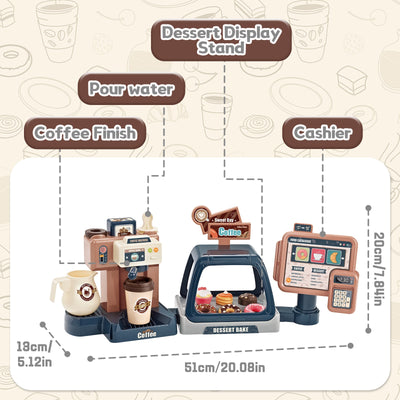 Cuisine d'imitation Jeu de café de magasin pour tout-petits, set de jeu machine à café et dessert, jouet de caisse enregistreuse pour enfants de 3 ans et plus
