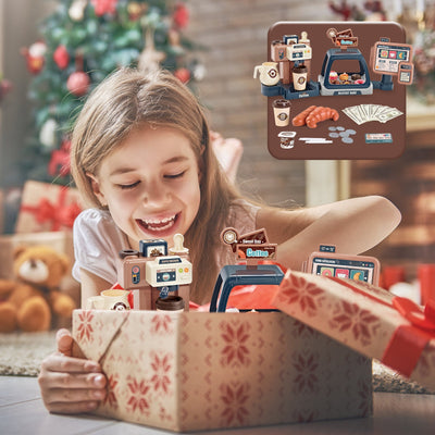 Cuisine d'imitation Jeu de café de magasin pour tout-petits, set de jeu machine à café et dessert, jouet de caisse enregistreuse pour enfants de 3 ans et plus
