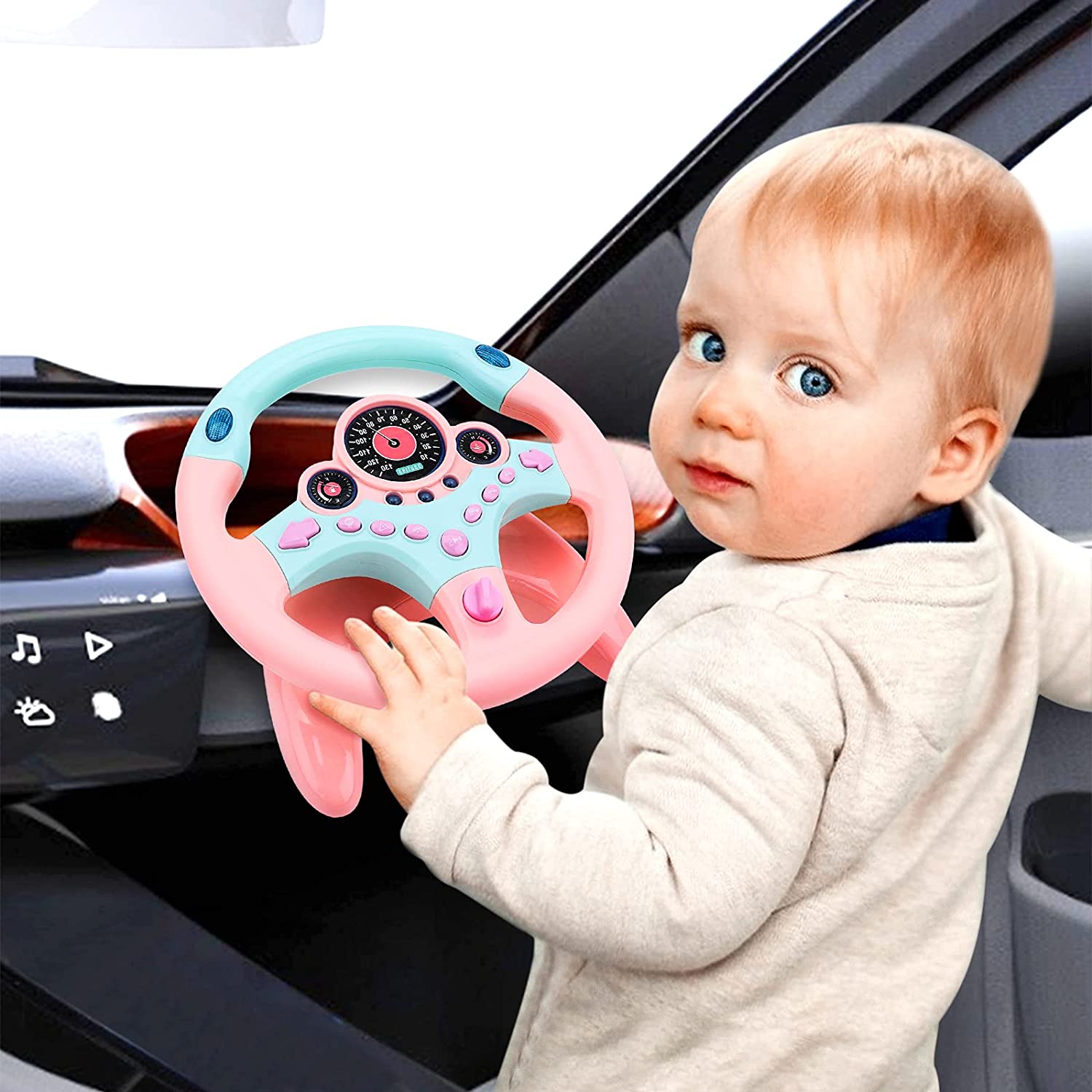 Volante de juguete Fidtoy para niños simulador de conducción – Juguete para asiento de coche con llave interactiva, luces y sonidos