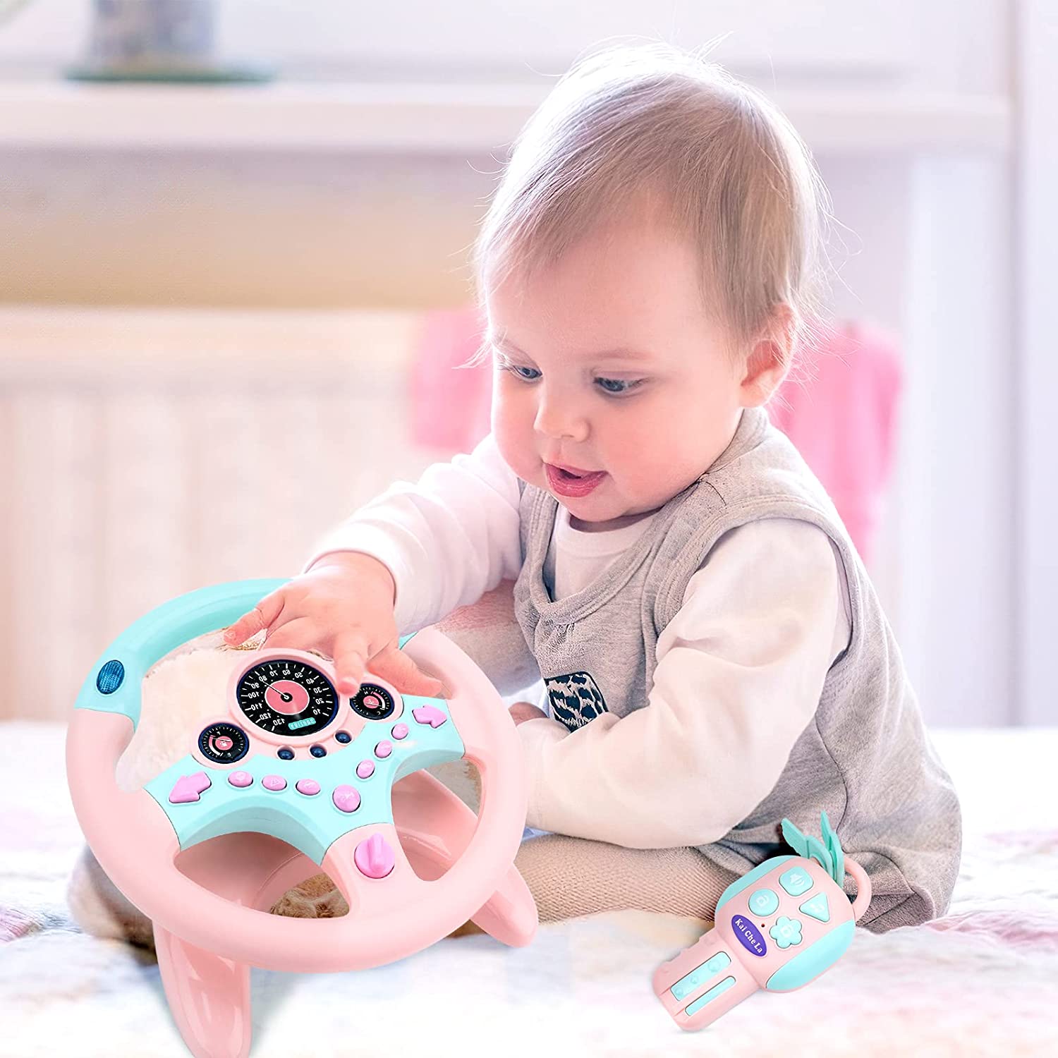 Volante de juguete Fidtoy para niños simulador de conducción – Juguete para asiento de coche con llave interactiva, luces y sonidos